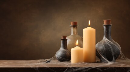 Poster - Halloween scene with candles, potion bottles, and cobwebs with blank table