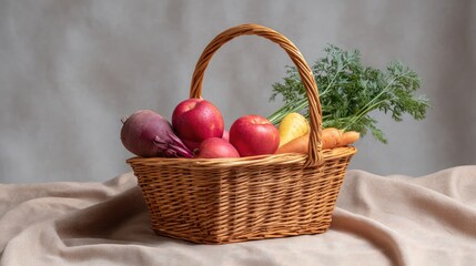 Poster - Handwoven basket with produce on burlap cloth, open space to the right