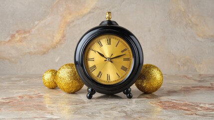 Poster - Midnight clock over marble surface with gold party decor and copy space