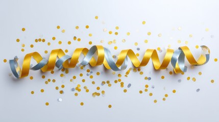 Poster - Party streamers on white table with gold and silver confetti