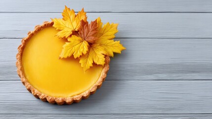 Poster - Pie with autumn decorations on one side of the image and blank wooden table