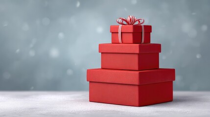 Poster - Red Christmas gift boxes stacked with blank snowy background