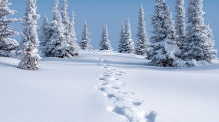 Poster - Reindeer tracks in snow leading into winter woods with space in sky