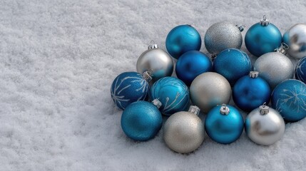 Poster - Silver and blue ornaments scattered across snowy ground with space