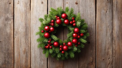 Poster - Top-down view of Christmas wreath on rustic door with open center