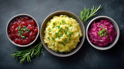 Fototapete - Top-down view of mashed potatoes and side dishes with space for overlay