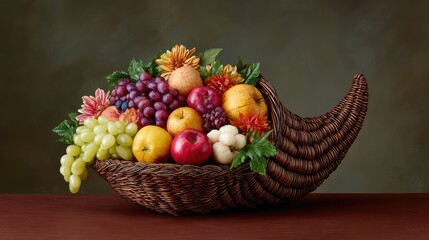 Poster - Traditional cornucopia filled with fruits and vegetables, open area on right side