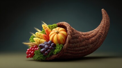 Poster - Traditional cornucopia filled with fruits and vegetables, open area on right side