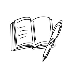 Poster - Open book with pen on white background in single line outline vector style  