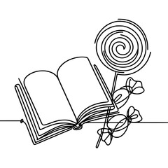 Poster - Open book with lollipop and candy in single line outline vector style  
