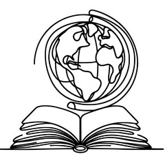Poster - Single line outline vector school with globe above open book  