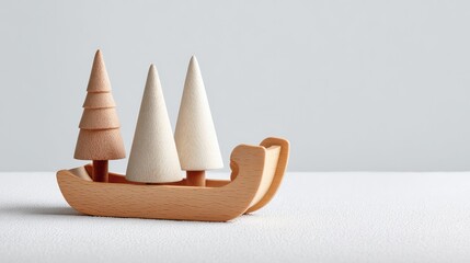 Poster - Wooden toy sleigh and small trees with white snowy copy space