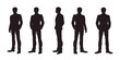 © jannat Stock - A collection of isolated vector silhouettes of men's formal attire: suit, tie, dress shirt, dress shoes, tuxedo. Each figure is a clean, solid silhouette, no internal details, no background.