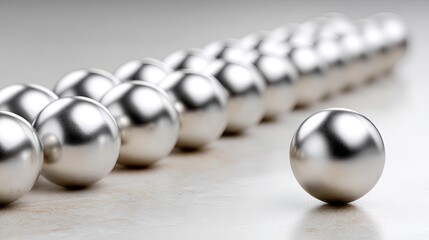 Poster - Various sizes of silver spheres cluster in the lower left corner against a white background, presenting a sleek and modern design