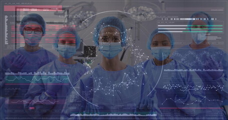 Poster - Healthcare professionals in surgical attire with data processing image overlay