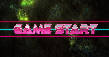 Poster - Displaying neon-pink GAME START text centered in digital design, with cyan lines, green fissures