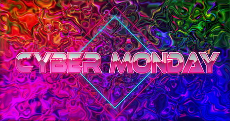 Poster - Floating CYBER MONDAY text over neon swirls at digital art scene, with glowing diamond outline