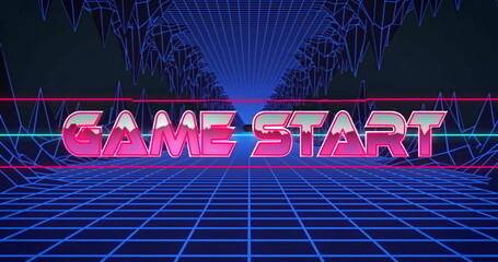 Poster - Image of retro neon Game Start text over grid pattern with geometric shapes