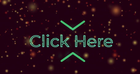 Poster - Glowing particles surrounding neon Click Here text in dark image background