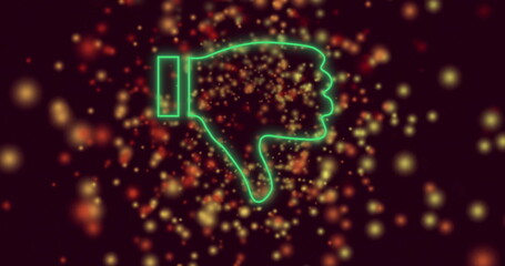 Poster - Glowing neon thumbs down image over vibrant bokeh light background