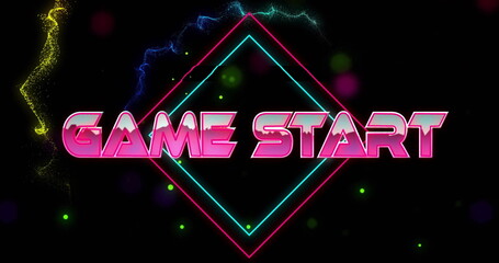 Poster - Glowing image of Game Start text over colorful shapes on black background