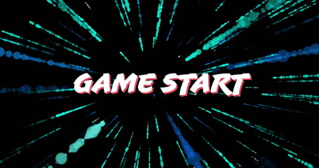 Poster - Displaying GAME START text on digital screen with teal-blue streaks and dots radiating outward