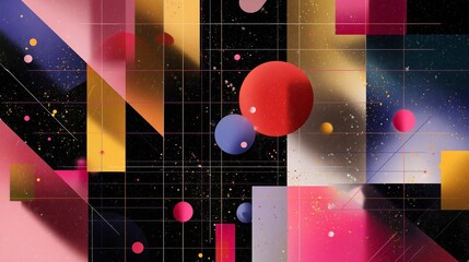 Poster - Colorful geometric shapes and spheres create a modern abstract composition on a dark background