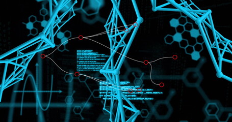 Poster - Displaying cyan tubular network in virtual cyberspace, with red nodes, linking lines and blue code