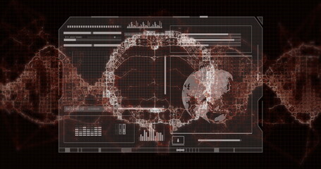 Poster - Displaying DNA double helix lying on grid on data dashboard, with pixelated globe and data panels