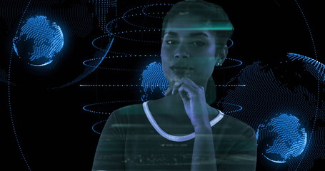 Poster - Woman tech specialist examining holographic globes, data rings and light streaks in control room