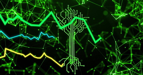Poster - Displaying circuit-tree graphic connecting network nodes in digital grid, with neon line graphs