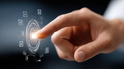 Poster - Close-up of a finger selecting a virtual email icon surrounded by technology and social media symbols representing digital interaction