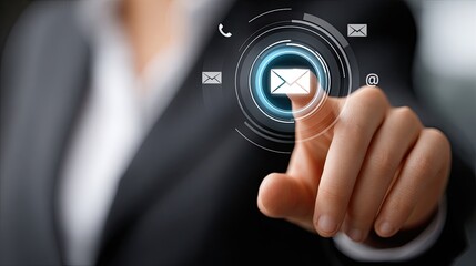 Poster - Close-up of a finger selecting a virtual email icon surrounded by technology and social media symbols representing digital interaction