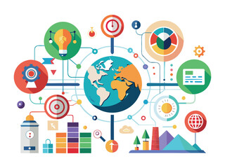 Poster - Global business strategy and data analysis infographic with interconnected icons and world map isolated on white background
