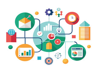 Poster - Abstract business infographic with interconnected icons representing data analysis strategy and workflow isolated on white background

