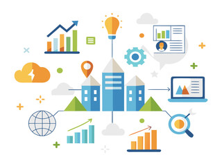 Poster - Business growth strategy with data analysis idea generation and global reach isolated on white background
