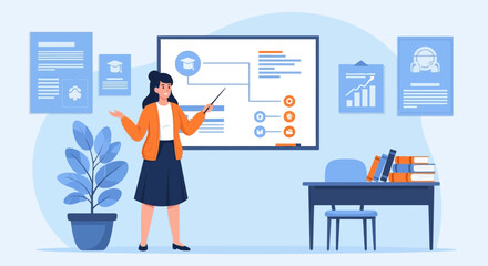 Poster - Dedicated Teacher Explaining Diagram on Whiteboard for Online Course