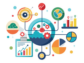 Poster - Colorful infographic elements representing data analysis business growth and global strategy isolated on white background
