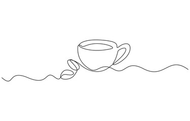 Aufkleber - Single continuous line drawing of a cup of coffee drink with coffee beans on ceramic coaster and table, Cup of coffee and coffee beans. Hot beverage. Aroma of coffee. Continuous line drawing.