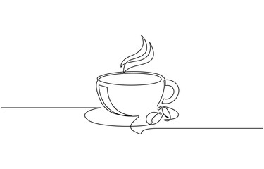 Aufkleber - Single continuous line drawing of a cup of coffee drink with coffee beans on ceramic coaster and table, Cup of coffee and coffee beans. Hot beverage. Aroma of coffee. Continuous line drawing.