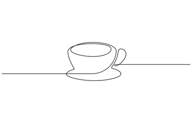 Aufkleber - Single continuous line drawing of a cup of coffee drink with coffee beans on ceramic coaster and table, Cup of coffee and coffee beans. Hot beverage. Aroma of coffee. Continuous line drawing.