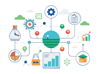 Poster - Business strategy flowchart with icons representing finance growth security and operations isolated on white background
