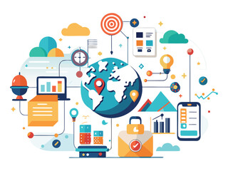 Poster - Global business strategy and data analysis with interconnected elements isolated on white background
