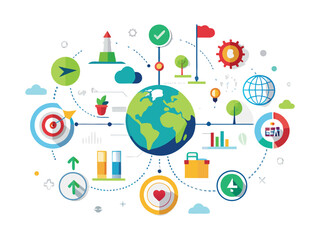 Poster - Global business strategy and planning with icons representing goals targets and growth isolated on white background
