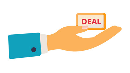 Poster - Hand holding a deal label in flat vector style