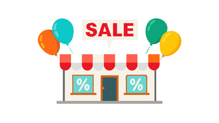 Poster - Sale shop building with percent signs and balloons