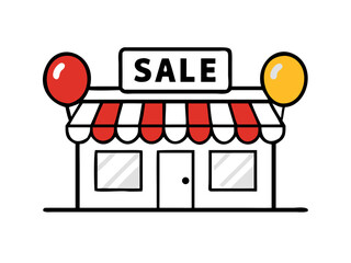 Poster - Sale store with balloons and striped awning in colorful style