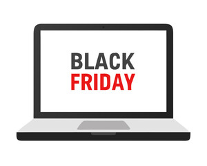 Poster - Black Friday sale text on laptop screen in flat vector style