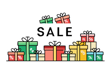 Poster - Minimalist gift boxes and sale labels on white background