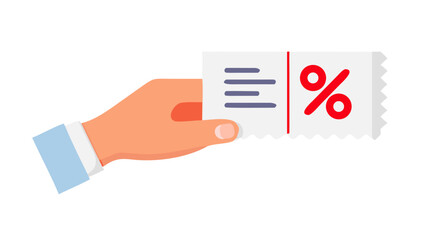 Poster - Hand holding discount coupon with percent sign in flat style